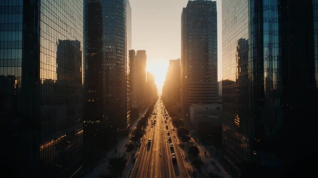 Aerial drone footage of New York skyline along 42nd street canyon, with pull back camera motion