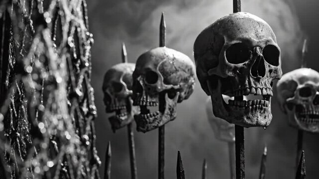 Spooky black and white Halloween display with skulls on spikes and a cobweb in a dramatic environment
