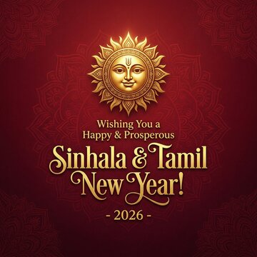 Sinhala and Tamil New Year Wishes 2026 with Golden Sun Symbol on Festive Red Background, Traditional Greeting Card Design