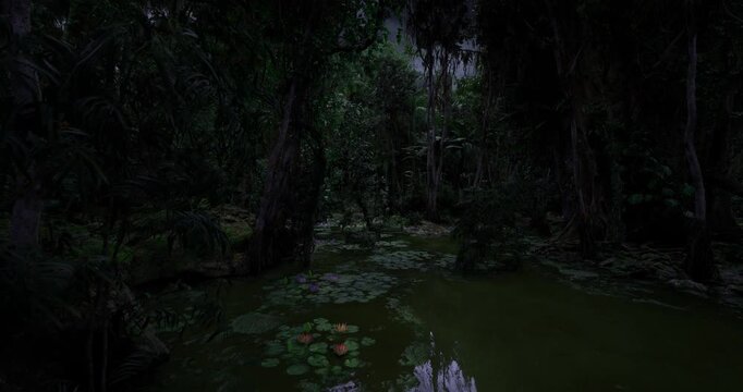 Ancient cypress cathedral over murky water with massive buttressed trunks and hanging vines, low moonbeam filtering through canopy, thick moss and peat