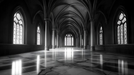 Fototapeta premium Marble floor with arched ceiling and angel frescoes corridor interior