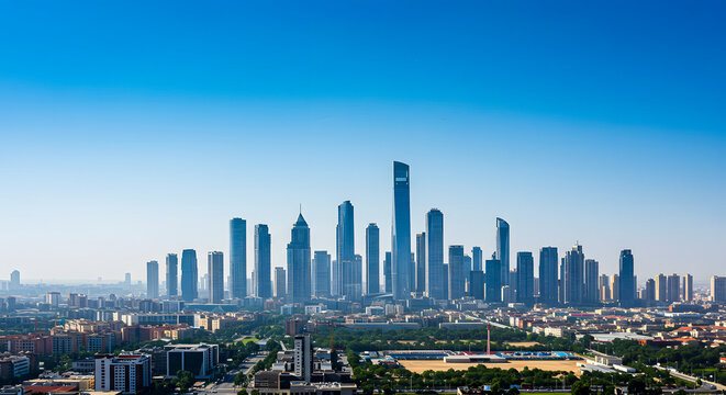 Panoramic view of a modern city skyline at sunrise, showcasing numerous skyscrapers reaching towards a clear blue sky