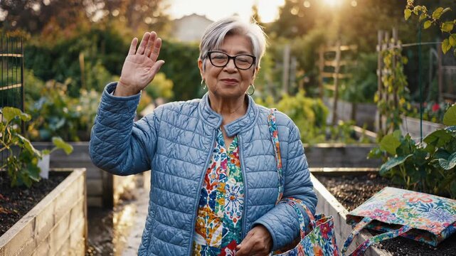 Senior woman waves hand in community garden. Smiling elderly woman greets with happy face. Gardener waves hello near raised beds. Active senior woman standing outdoors. Friendly greeting in garden.