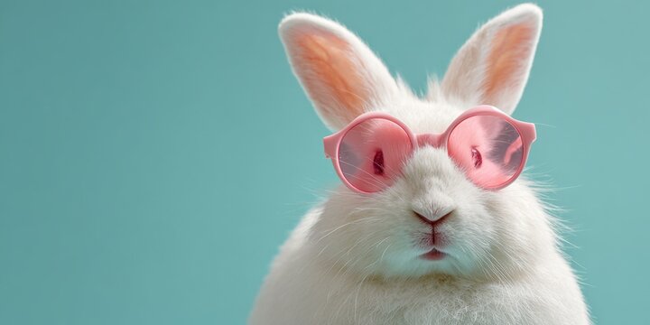 Adorable white rabbit wearing pink sunglasses with erect ears and fluffy fur