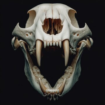 Animal skull with prominent fangs and detailed bone structure
