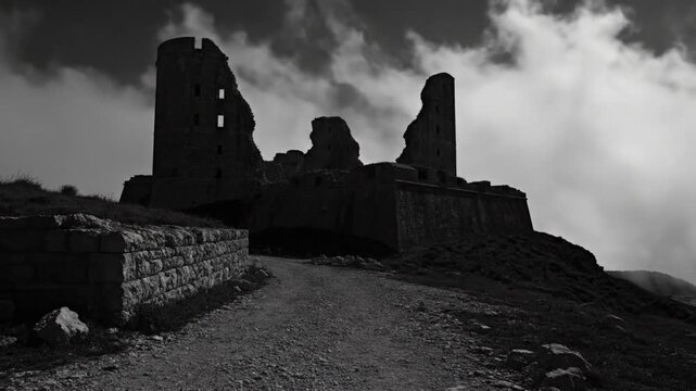 Dramatic black and white shot of a ruined fortress on a hilltop overlooking the sea under a cloudy sky