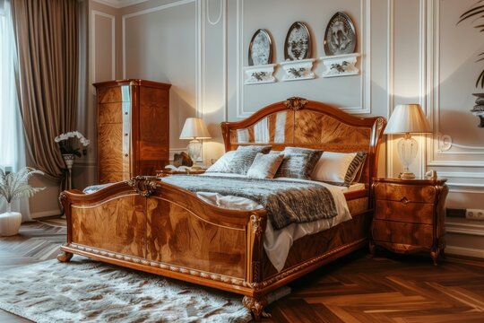 Luxurious double bed with beautiful wooden furniture hardwood indoors bedroom.