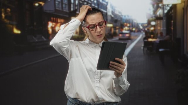 Woman holding tablet and touching forehead while reading messages on a crowded urban street with outdoor cafes and blurred traffic; concern.