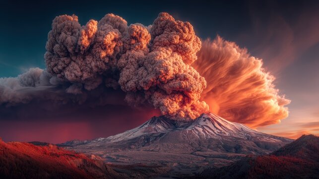 A majestic volcano erupting, with a large plume of smoke billowing from its peak and a fiery orange hue emanating from its base. The sky is a deep blue.