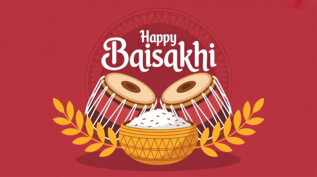 Happy Baisakhi greeting with dhol drums and rice bowl on red background