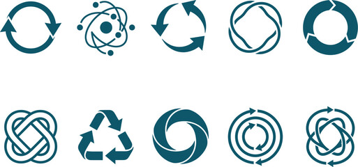 10 circular flow icons set solid vector closed loop arrows rotation symbols orbiting shapes cycle signs recycling arcs white background. © ArtFlex