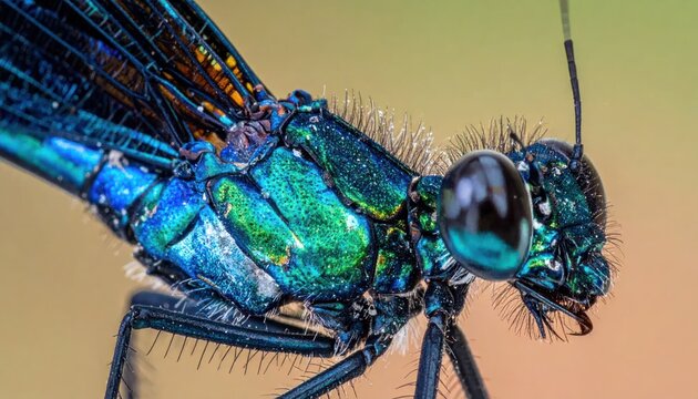 Close-up of a blue robber fly insect.