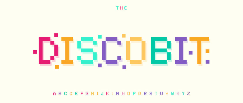 Colorful Arcade Font, 8bit Pixels Alphabet, 16bit pixel Letters, Y2K Modern Typography, Retro Game Logo Headline, Playful Colour Typeface, Fun Kid Type, Vintage Gaming Title Fonts. Vector Typeset