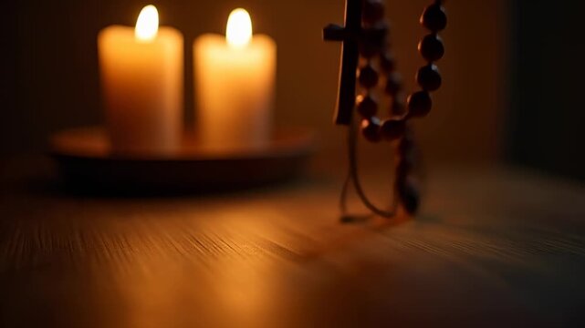Prayer beads rosary illuminated candlelight wooden table, Catholic devotional object, warm intimate lighting, spiritual contemplation theme