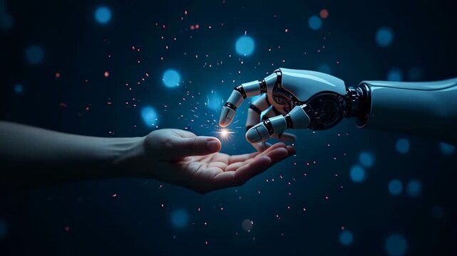 Realistic robot hand touching human hand, glowing fingertip connection point, dark background with bokeh blue particles