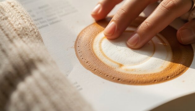 Extreme close-up of fair-skinned fingers touching a brown coffee cup stain on an open book page under warm natural light