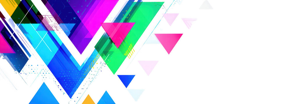 Abstrakter Hintergrund mit bunten geometrischen Dreiecken und dynamischen Linien auf wei&szlig;em Grund f&uuml;r modernes Grafikdesign und Web-Banner.