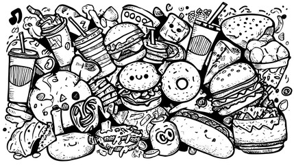 Obraz premium Fast food doodle line art vector illustration Stock Vector