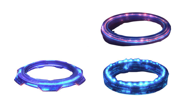 Drei futuristische leuchtende Ringe in Blau und Violett auf wei&szlig;em Hintergrund, ideal f&uuml;r Sci-Fi-Benutzeroberfl&auml;chen und moderne Grafikdesigns.