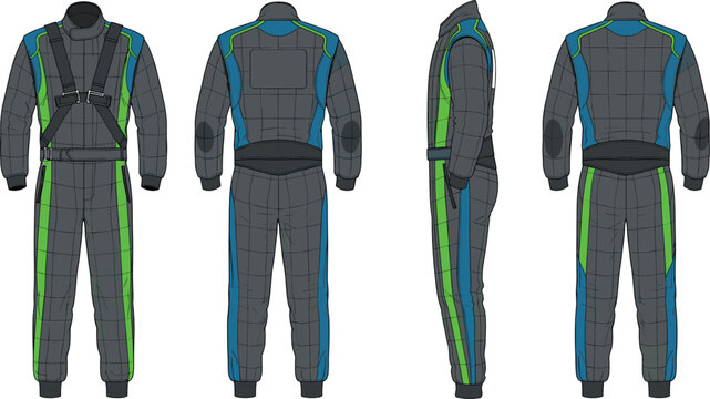 Racing suit detailed design with front, back and side views, motorsport protective gear flat vector illustration set