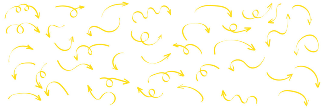 Black hand drawn doodle sketch curved and swirly arrows collection. Hand drawn curved swirl line arrow vector set for infographic.