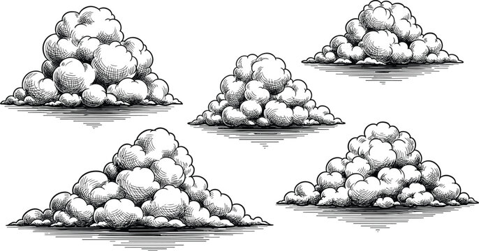 Cumulus cloud illustration, hand-drawn engraving style, detailed linework shading, atmospheric natural forms, realistic sky elements, traditional pen ink vector art
