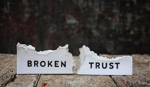 Torn paper pieces with the words "BROKEN TRUST" on a wooden surface, symbolizing damaged relationships or betrayal.