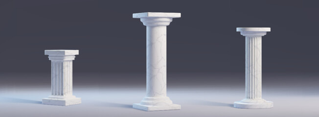 Fototapeta premium Antique Roman pillars set isolated on background. Vector realistic illustration of 3d white marble podiums with soft shadows, history museum, art gallery or ancient palace interior design elements