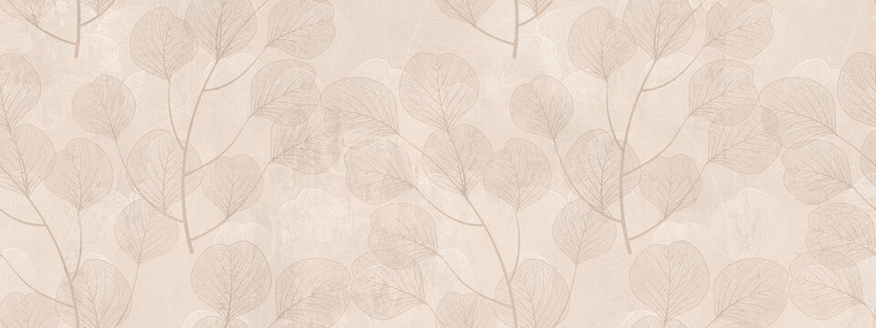 Minimalist beige botanical wallpaper, subtle leaf pattern on textured paper, elegant neutral floral background for interior design and stationary