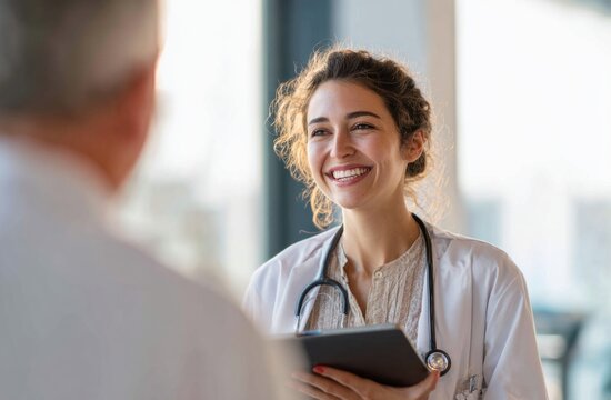Female doctor with curly hair wearing white lab coat and stethoscope smiling while consulting with a patient in a modern clinical setting