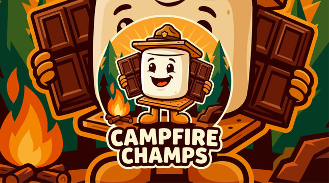 Smiling cartoon marshmallow character camping.