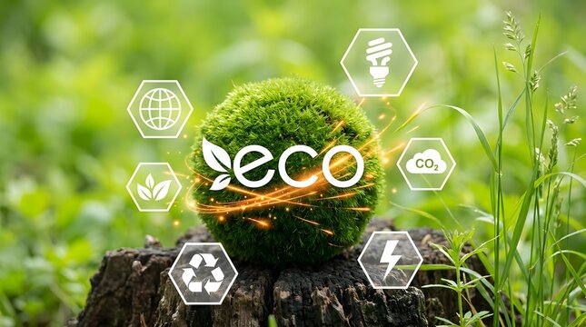 Vibrant green moss ball with the word "eco" glows amidst environmental icons, symbolizing sustainability, renewable energy, and ecological awareness in nature.