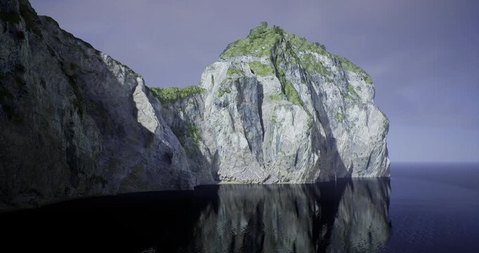 sunlit rocky cliffs glowing with warmth, golden hour illumination casting long shadows, shimmering reflections on calm water, vibrant moss patches on ledges,