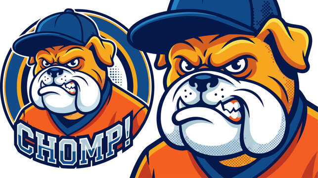 Angry bulldog wearing baseball cap.