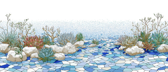 Illustration eines Gartens mit verschiedenen Sukkulenten und weißen Steinen auf einem kunstvollen blauen Mosaikboden vor weißem Hintergrund.