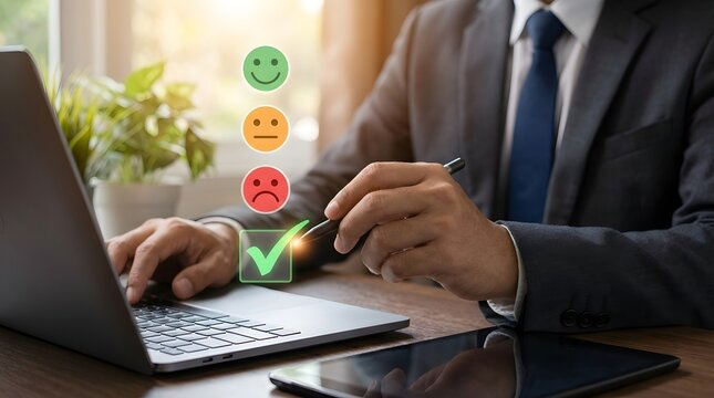 Businessman is giving positive feedback by selecting a green checkmark on a digital survey with happy, neutral, and sad emoji options.