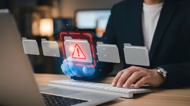 Businessman is typing on a keyboard, interacting with a digital display of folders, one prominently showing a glowing red warning sign, indicating a critical file error or a data risk.