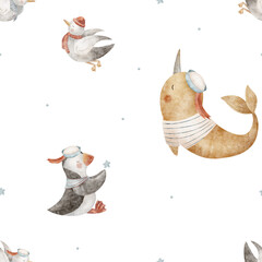 Pattern marine animal, narwhal whale, birds seagulls, puffin in sailor suit. Hand-drawn watercolor illustration in children's style. Print isolated from background for baby clothing design, wallpaper © Anastasia Brekhova