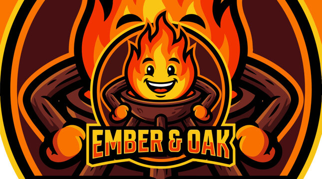 Smiling flame cartoon character logo.