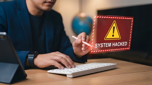 Person types on a keyboard while a prominent digital warning sign 'system hacked' appears, illustrating a cybersecurity breach or data threat.