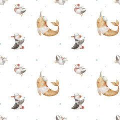 Pattern marine animal, narwhal whale, birds seagulls, puffin in sailor suit. Hand-drawn watercolor illustration in children's style. Print isolated from background for baby clothing design, wallpaper © Anastasia Brekhova