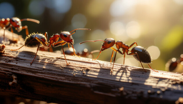 Close up of ants on a wood log