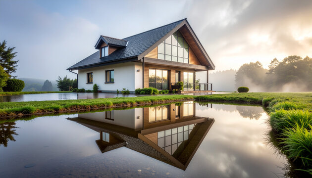 Modern house lakeside reflection