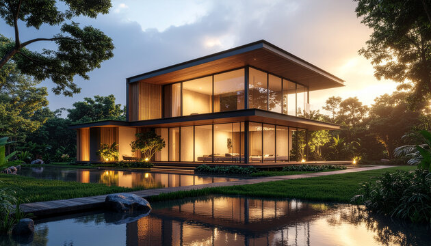 Modern house with reflective water