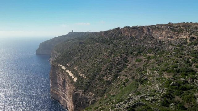 drone view of Dingli Cliffs, Malta, rugged coastline and steep cliffs above deep blue water