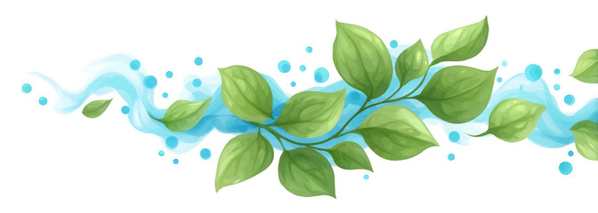 Illustration von lebendigen grünen Blättern, die in einer sanften blauen Wasserwelle schweben, perfekt für Nachhaltigkeit und Frische.