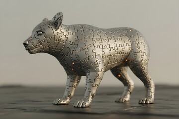Fototapeta premium 3D metallic cyber wolf sculpture in dynamic walking pose against neutral gradient background