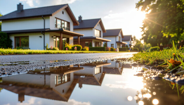 Suburban homes reflected in water