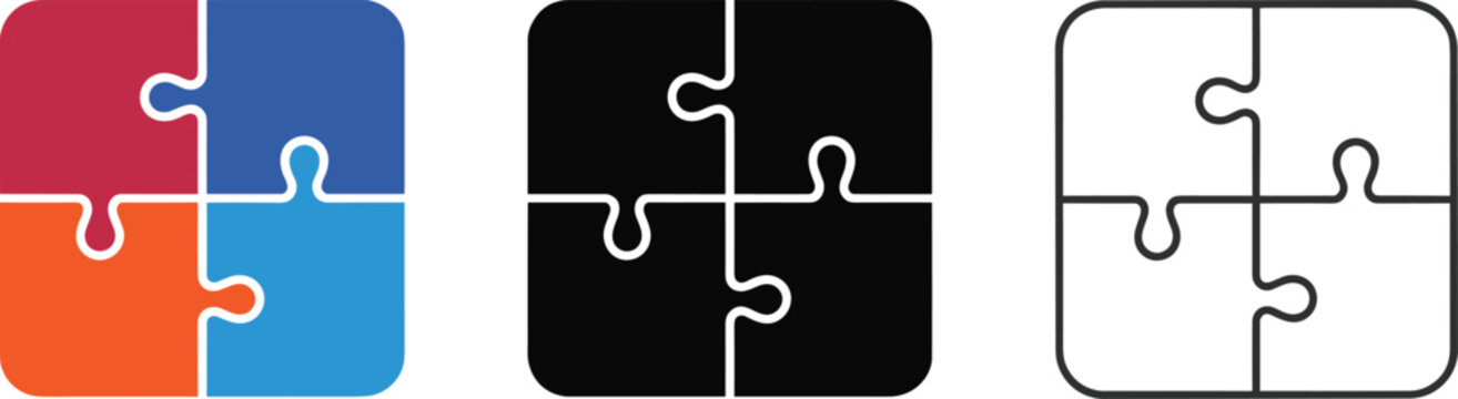 Four puzzle pieces forming a square in red blue orange and black interlocking