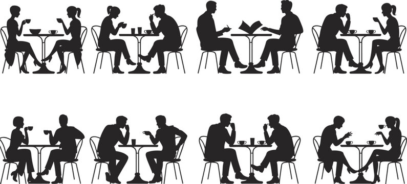 Silhouettes of people sitting at tables in cafes or restaurants, engaged in various activities vector
